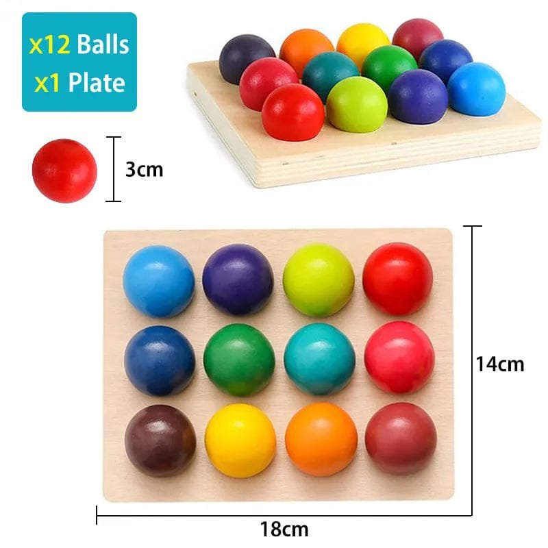 Colorful wooden ball sorting game with dimensions displayed.
