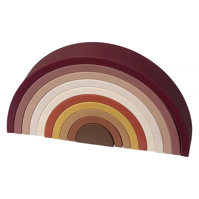 Wooden rainbow toy with gradient colors.