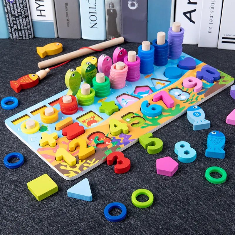 Colorful educational toy with numbers and shapes.