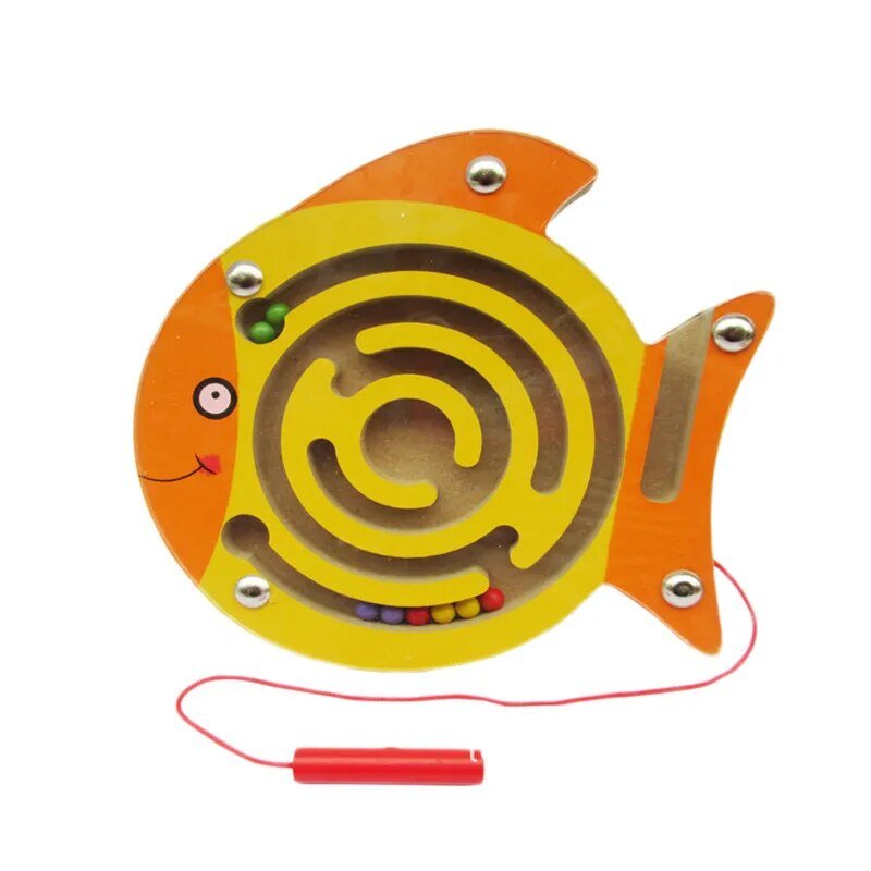 Wooden fish-shaped maze toy with a string and beads.