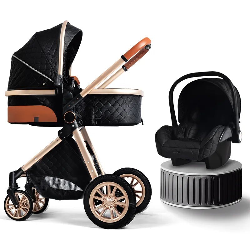Black and beige stroller with a black car seat