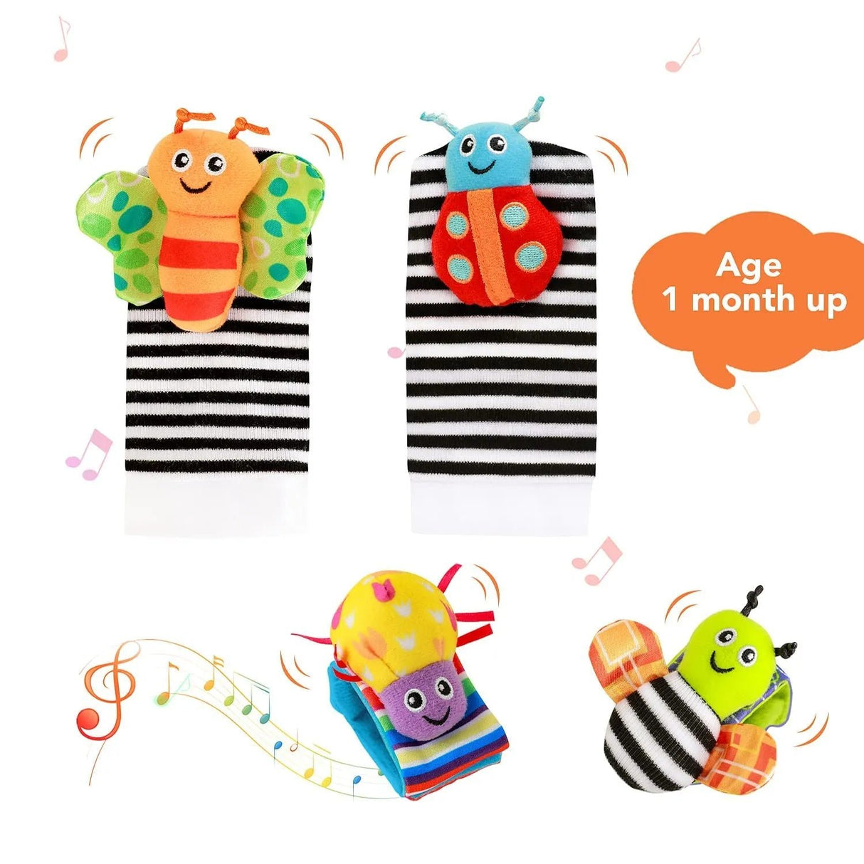 Set of colorful baby socks with insect designs and musical elements.