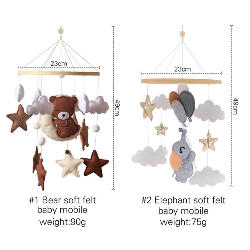 Two soft felt baby mobiles with bear and elephant designs, showing dimensions and weight.