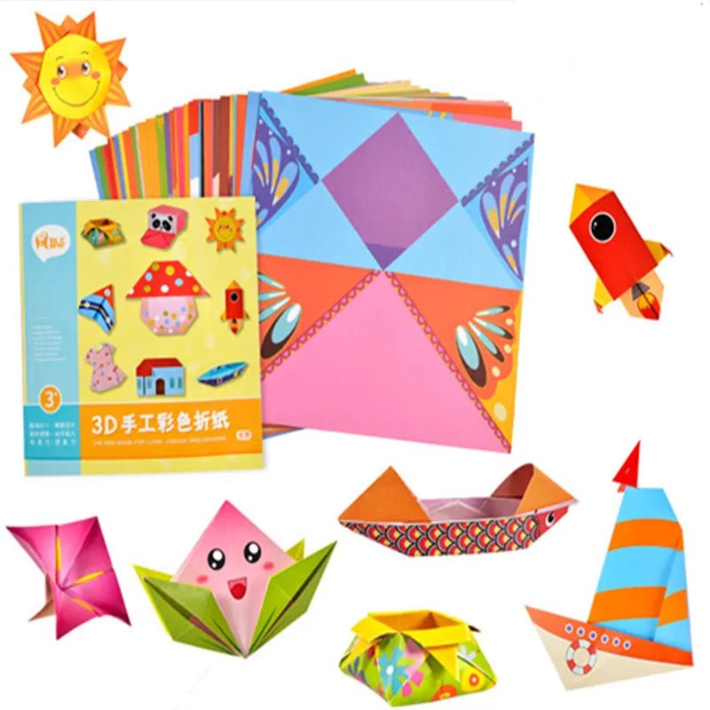 Colorful origami paper set with sample folded shapes and a book on a white background
