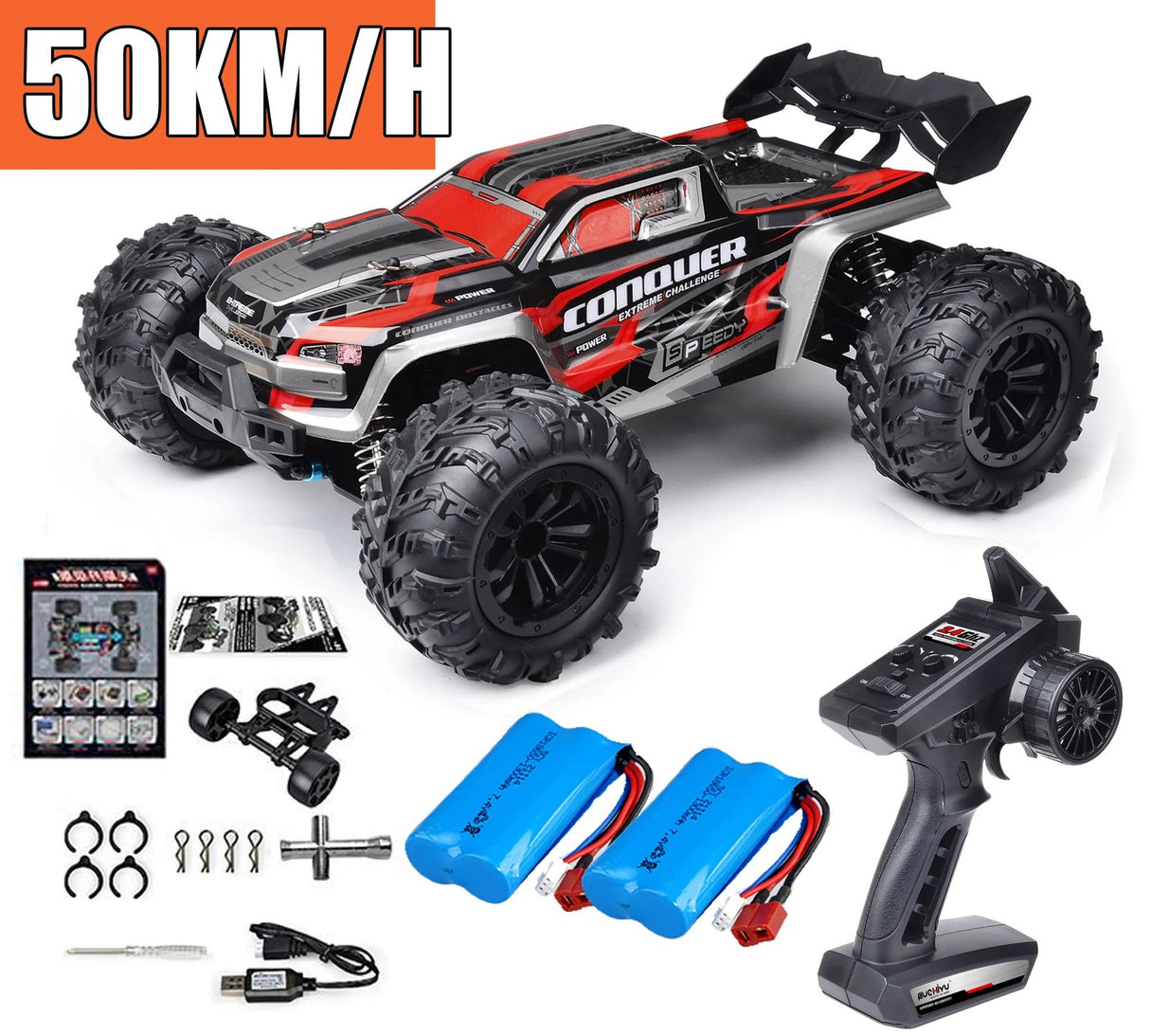 Toy truck with remote control, batteries, and accessories