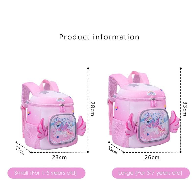 Pink children's backpacks with measurements and age ranges indicated