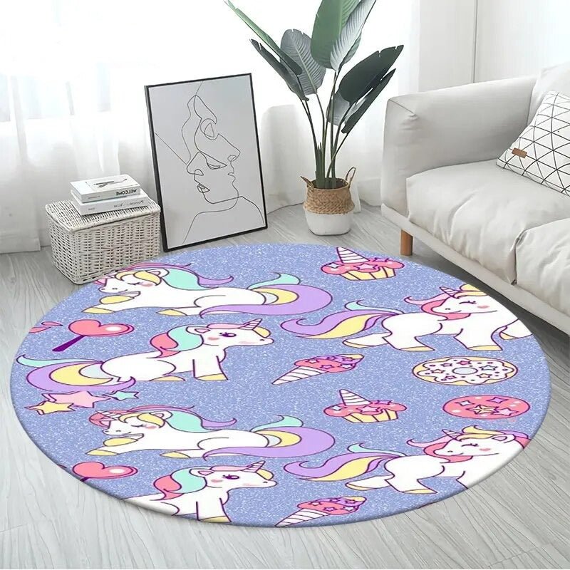 Round rug with unicorn pattern in a living room setting