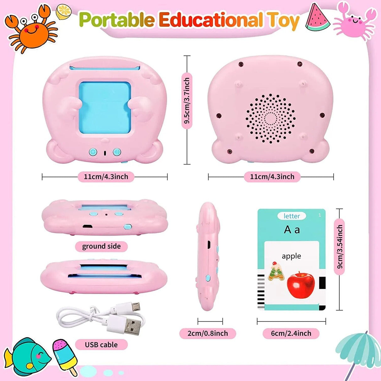 Portable educational toy with dimensions and components on a pink background