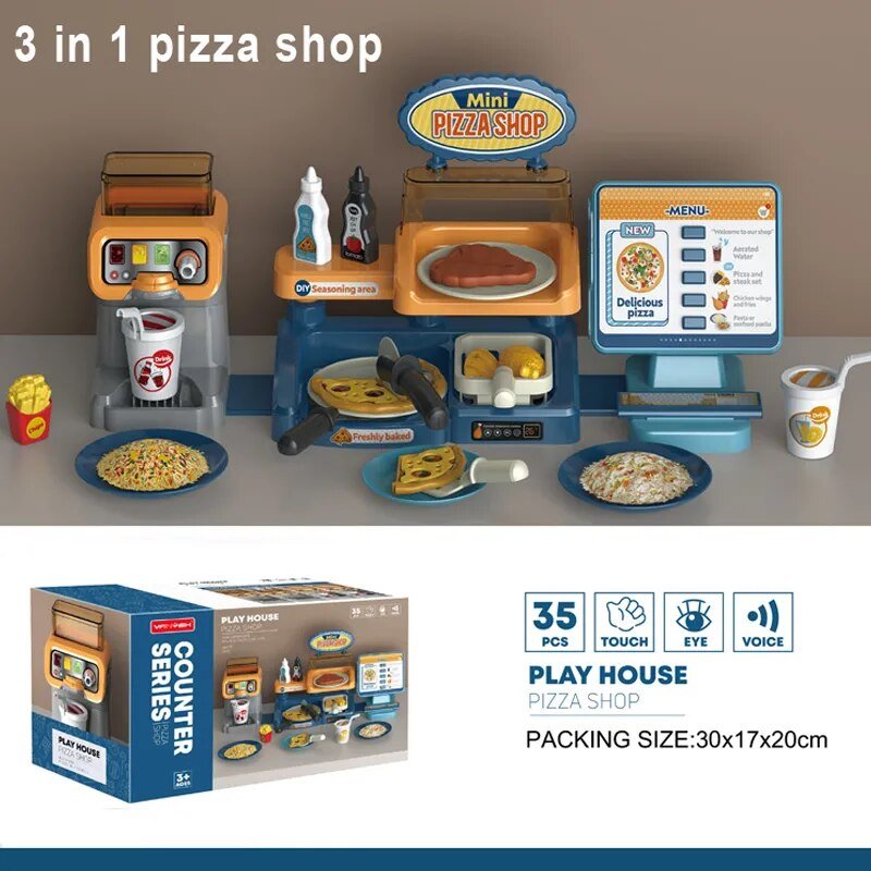 Toy pizza shop set with various components and packaging