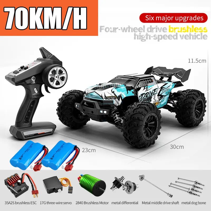 RC car with remote control, batteries, and components.