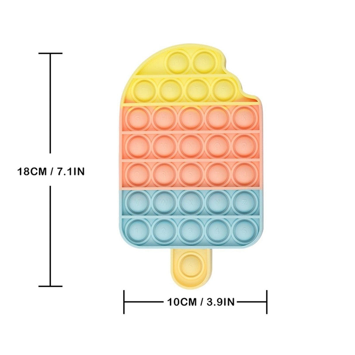 Colorful pop-it toy shaped like a popsicle with measurements.