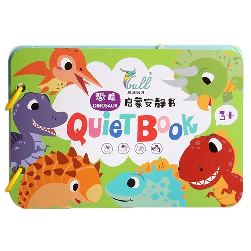 Children's quiet book with dinosaur illustrations on a green background