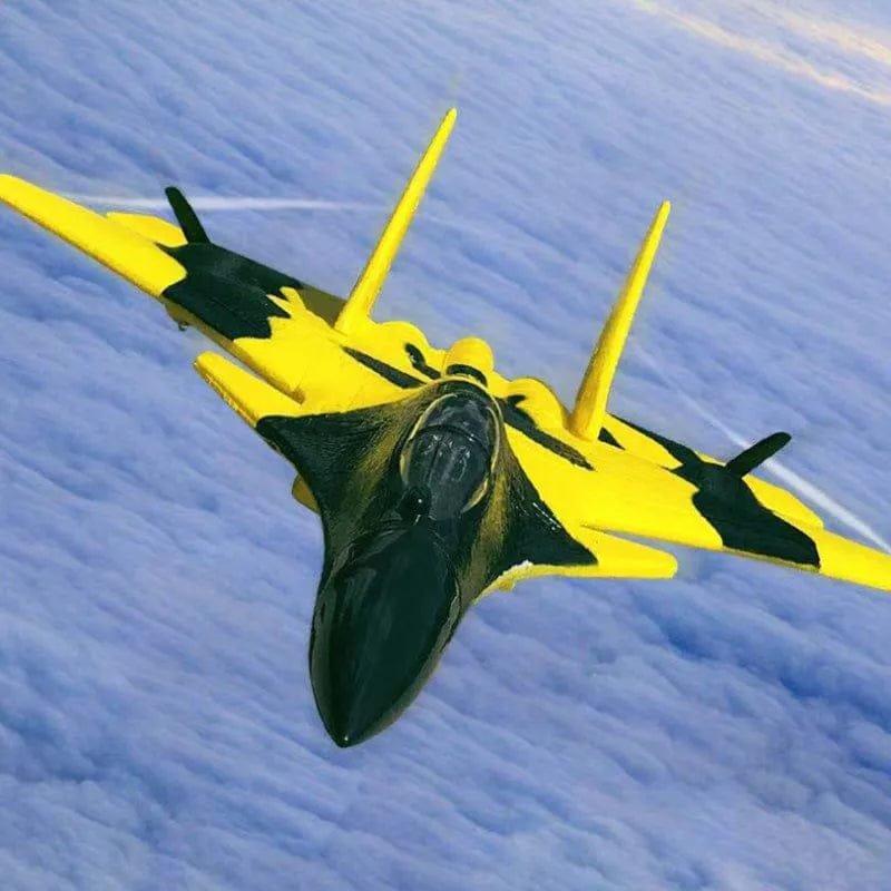 A yellow and black fighter jet