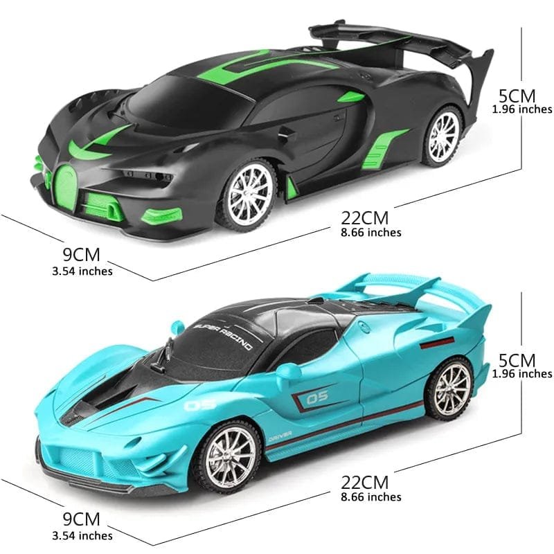 Two toy cars, one black and green, one blue and black, with measurements