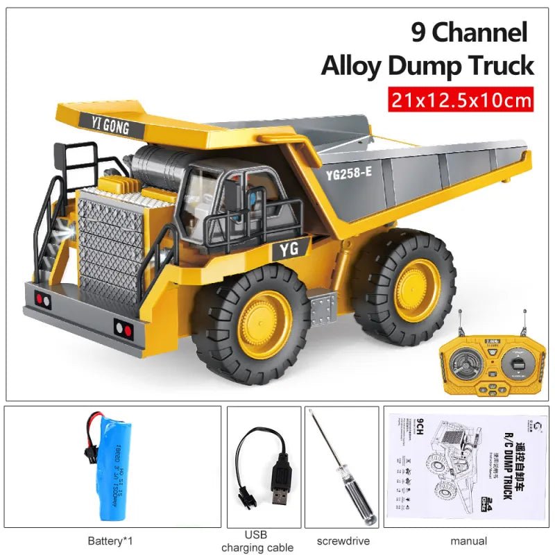 9 Channel Alloy Dump Truck with remote control, battery, charging cable, screwdriver, and manual.