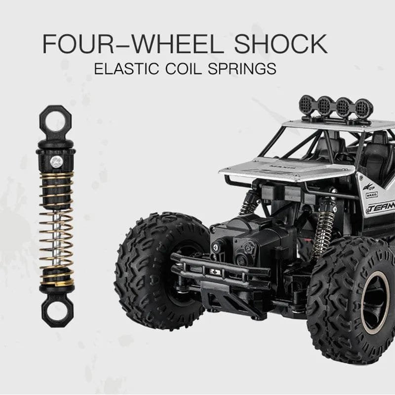 Model off-road vehicle with four-wheel shock and elastic coil springs