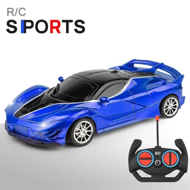 Blue toy sports car with remote control on a white background, featuring 'R/C Sports' text.