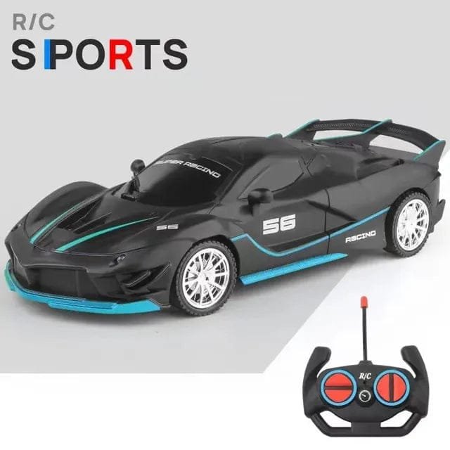 Black and blue toy sports car with remote control on a gray background, featuring 'R/C Sports' text.