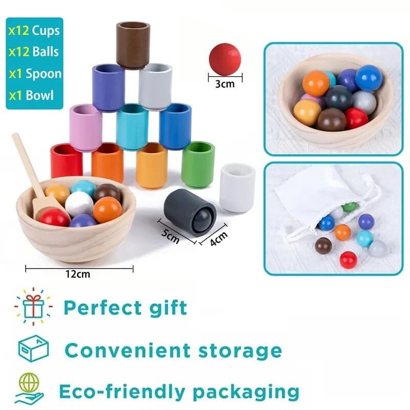 Colorful wooden toy set with cups, balls, a spoon, and a bowl.