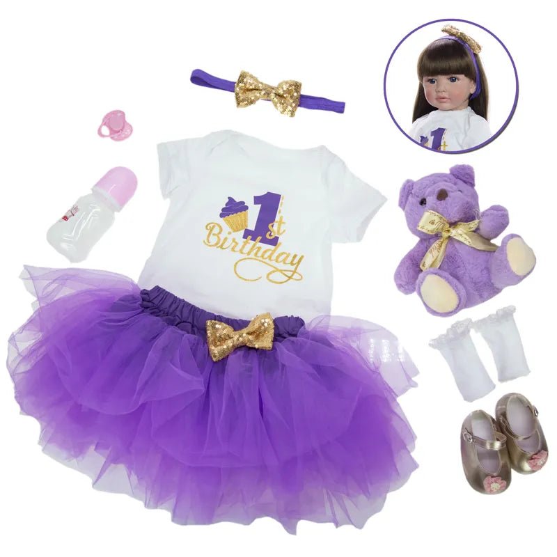 Purple and gold birthday outfit with accessories for a doll.