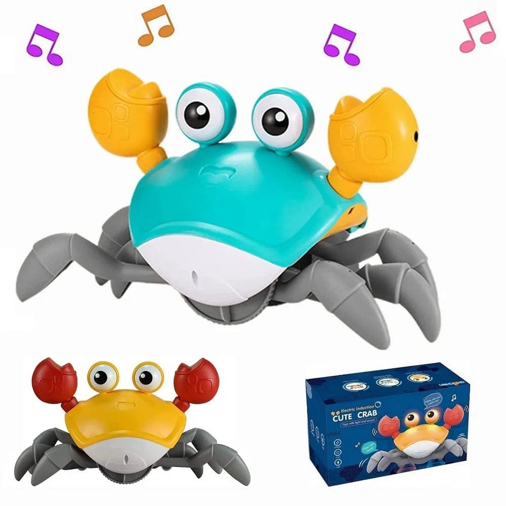 Toy crab with music notes, smaller crab figure, and packaging.