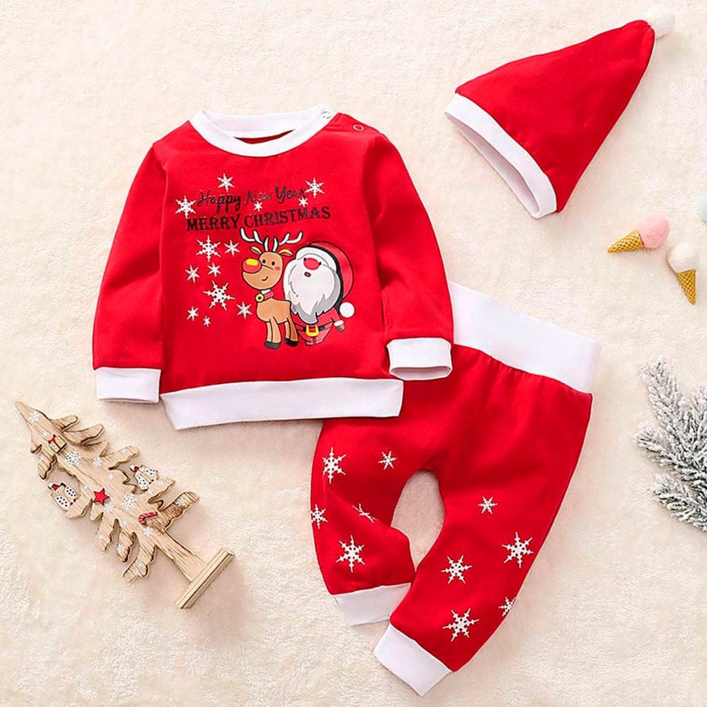 Red Christmas-themed children's outfit with a sweater, pants, and a hat.