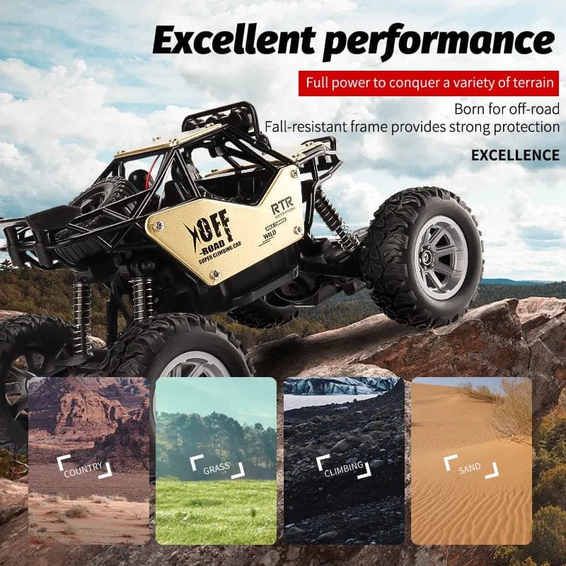 Off-road RC car with climbing frame on rocky terrain, featuring text about excellent performance.