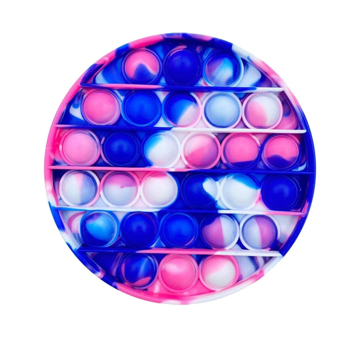 Round pop-it fidget toy with pink, blue, and white bubbles.