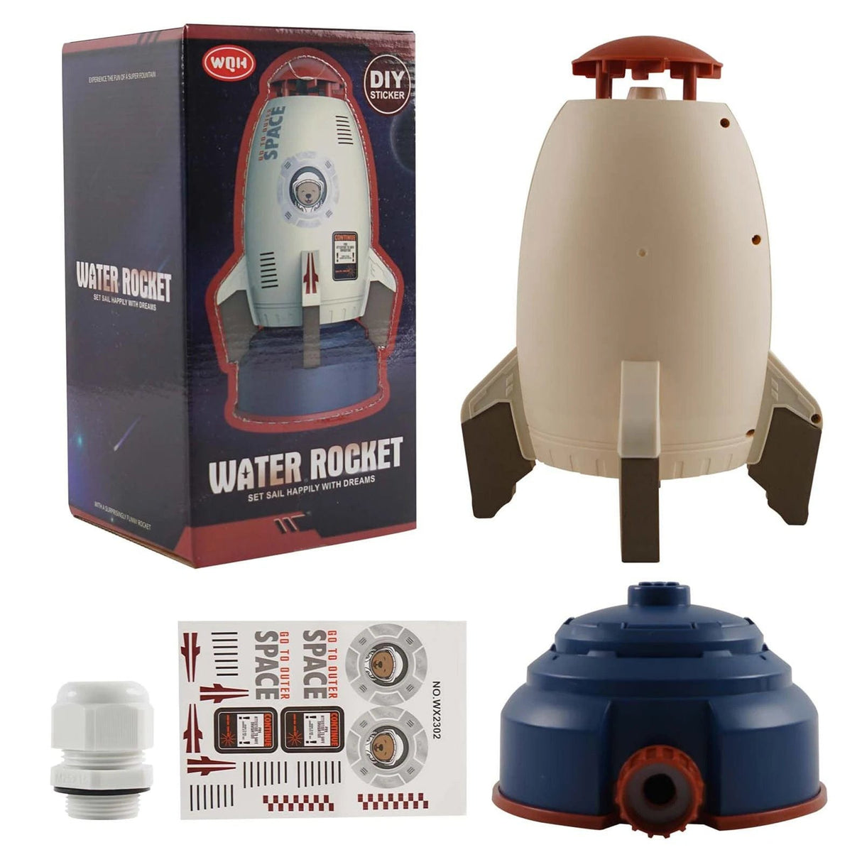 Space-themed water rocket kit with packaging and components.