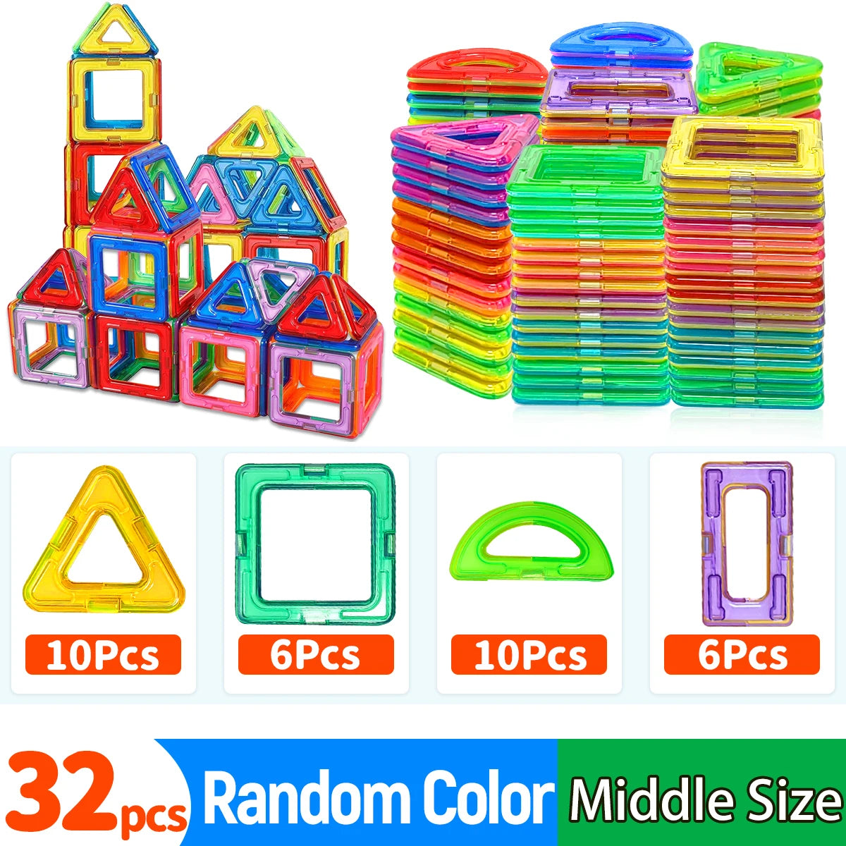 Colorful magnetic building blocks set with various shapes on a white background