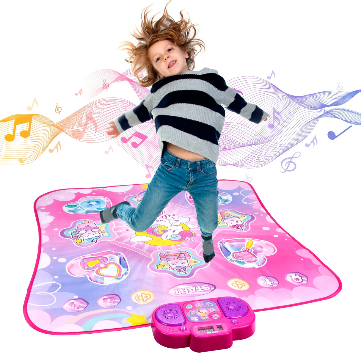 Child playing on a colorful dancing mat with music notes in the background