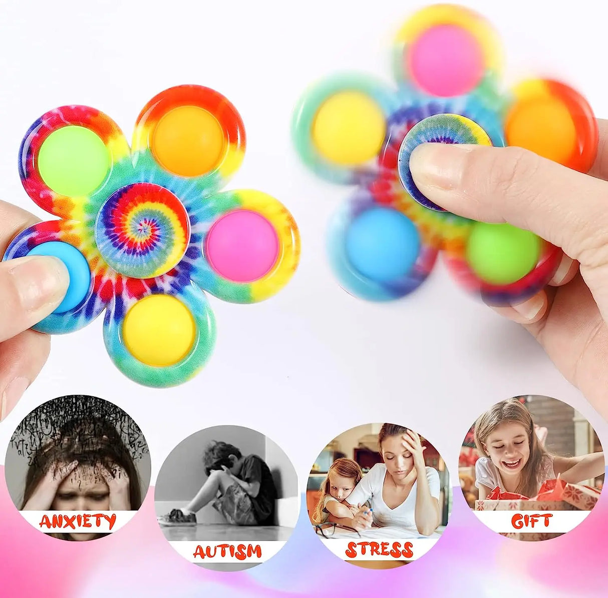 Colorful fidget spinner held by a hand with images of people experiencing anxiety, autism, stress, and receiving a gift.