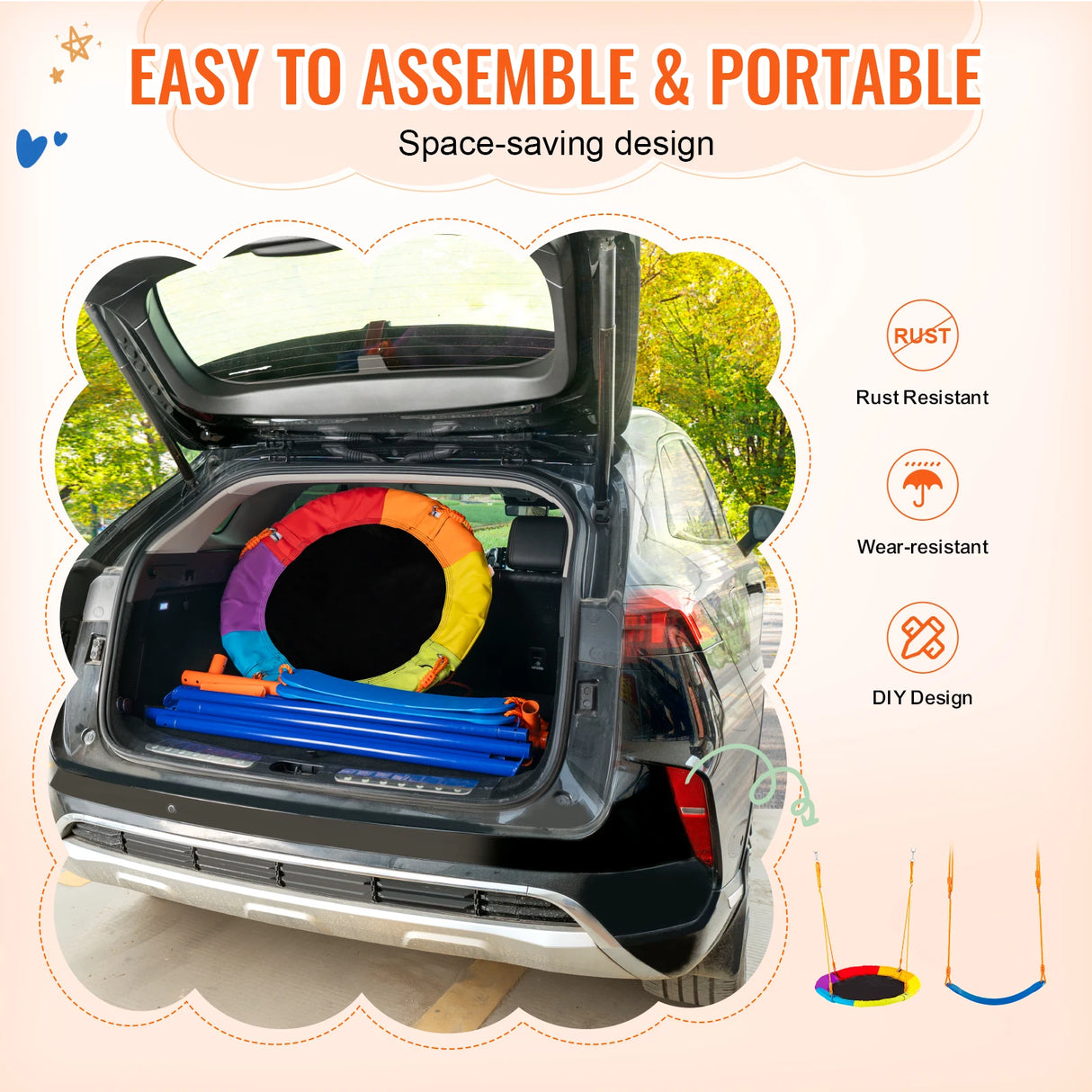 Car trunk with colorful inflatable rings and space-saving design features on a beige background
