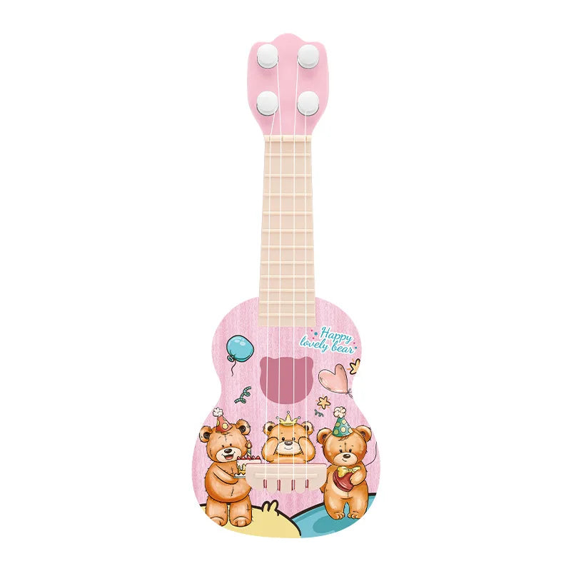 Pink children's guitar with teddy bear design on a white background