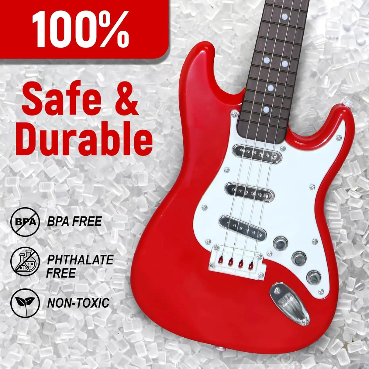 Red electric guitar with safety and durability features on a textured background