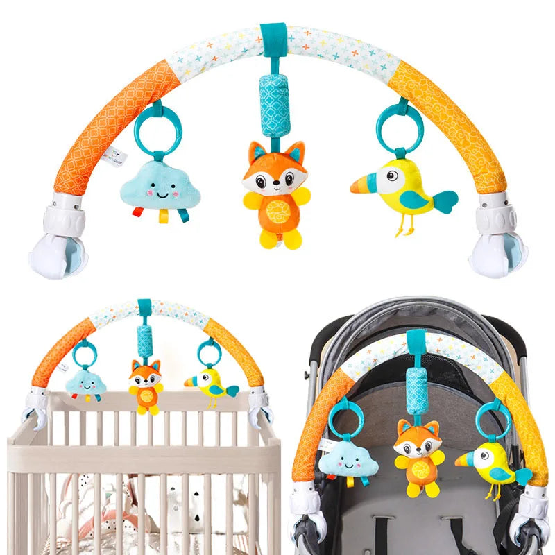 Baby activity arch with hanging toys in a crib and stroller