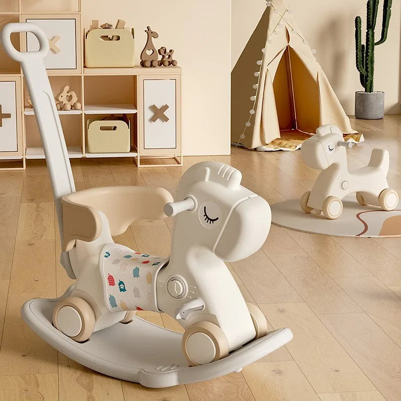 White rocking horse toy in a child's playroom with wooden floor and toys in the background