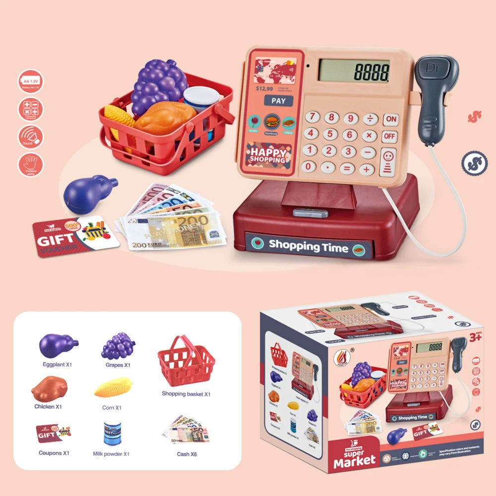 Toy cash register set with groceries and packaging on a pink background