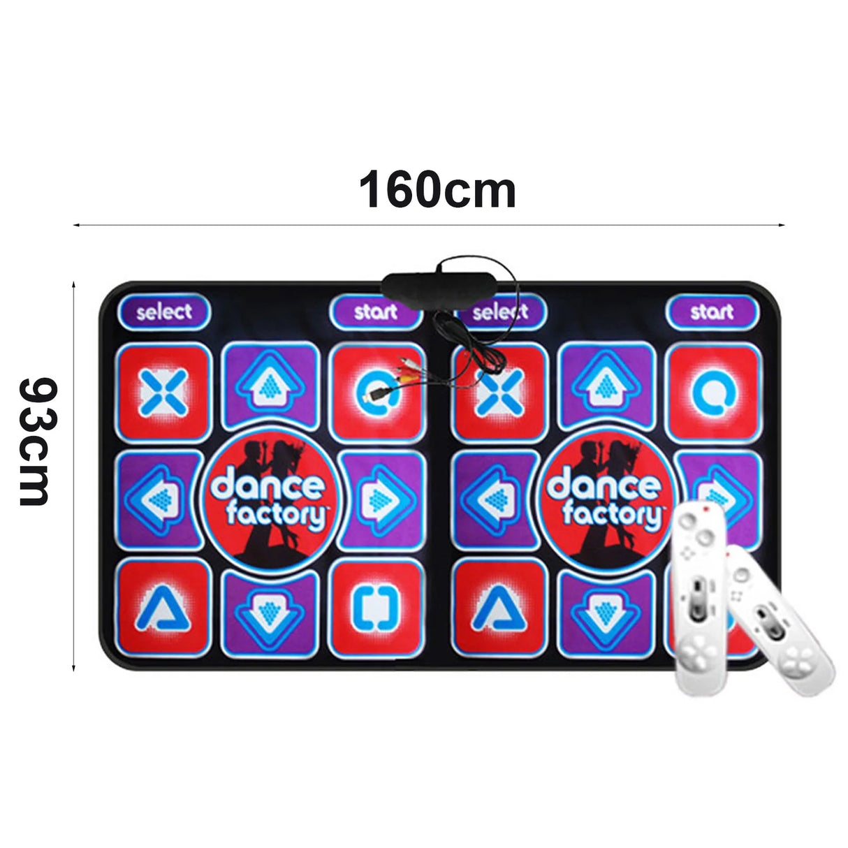 Dance mat with control panel and buttons, labeled dimensions on a white background