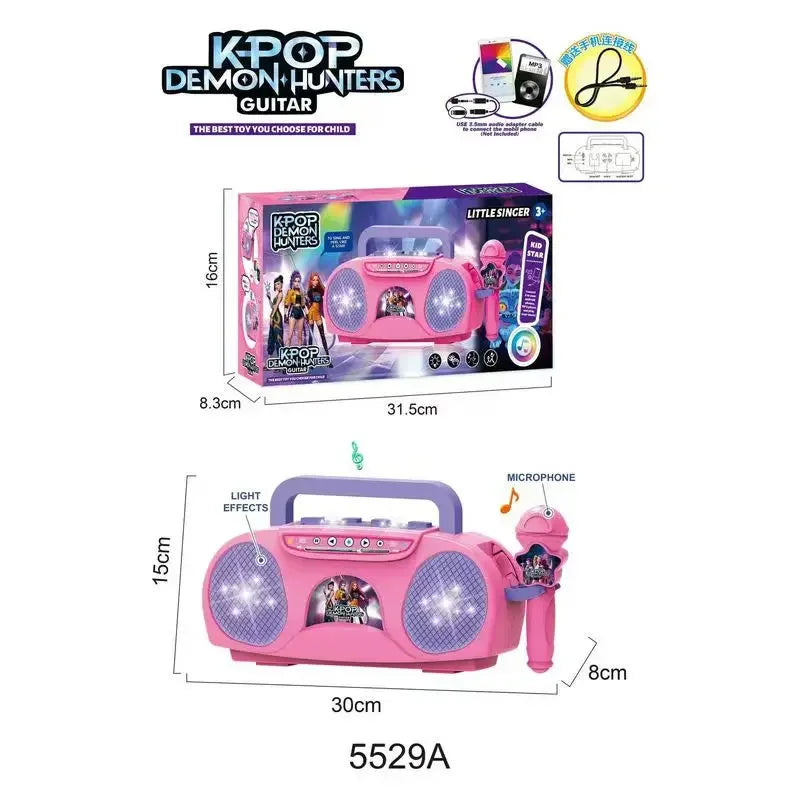Pink toy guitar with microphone and packaging labeled 'KPOP Demon Hunters' on a white background.
