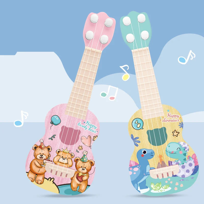Two colorful toy guitars with cartoon characters on a blue background