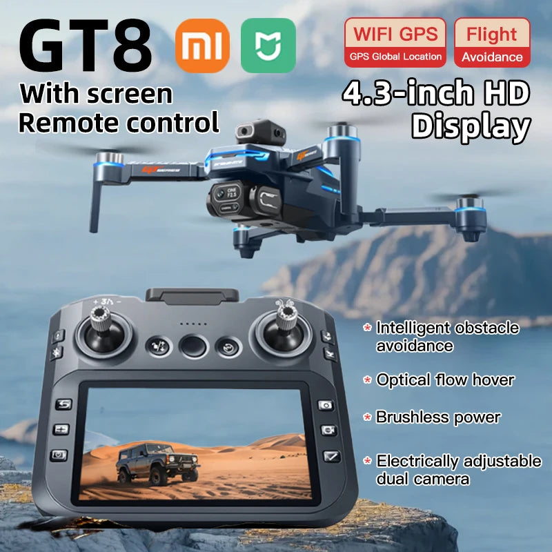 Drone with screen remote control and features listed on a scenic background