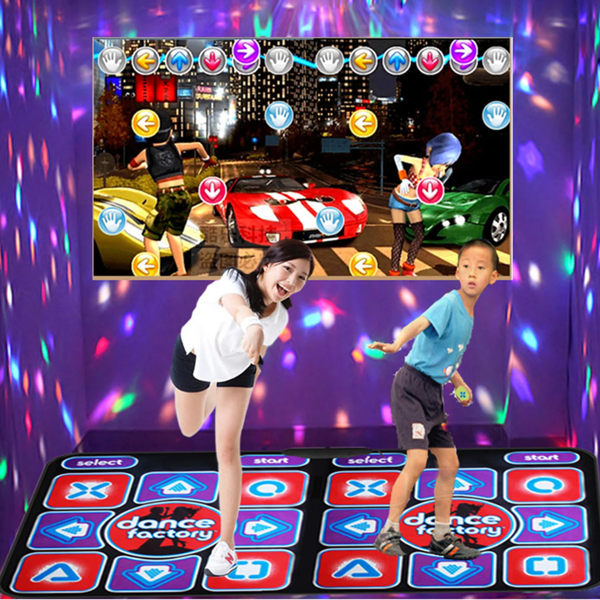 Two children playing on a dance mat with a screen displaying a virtual dance game.