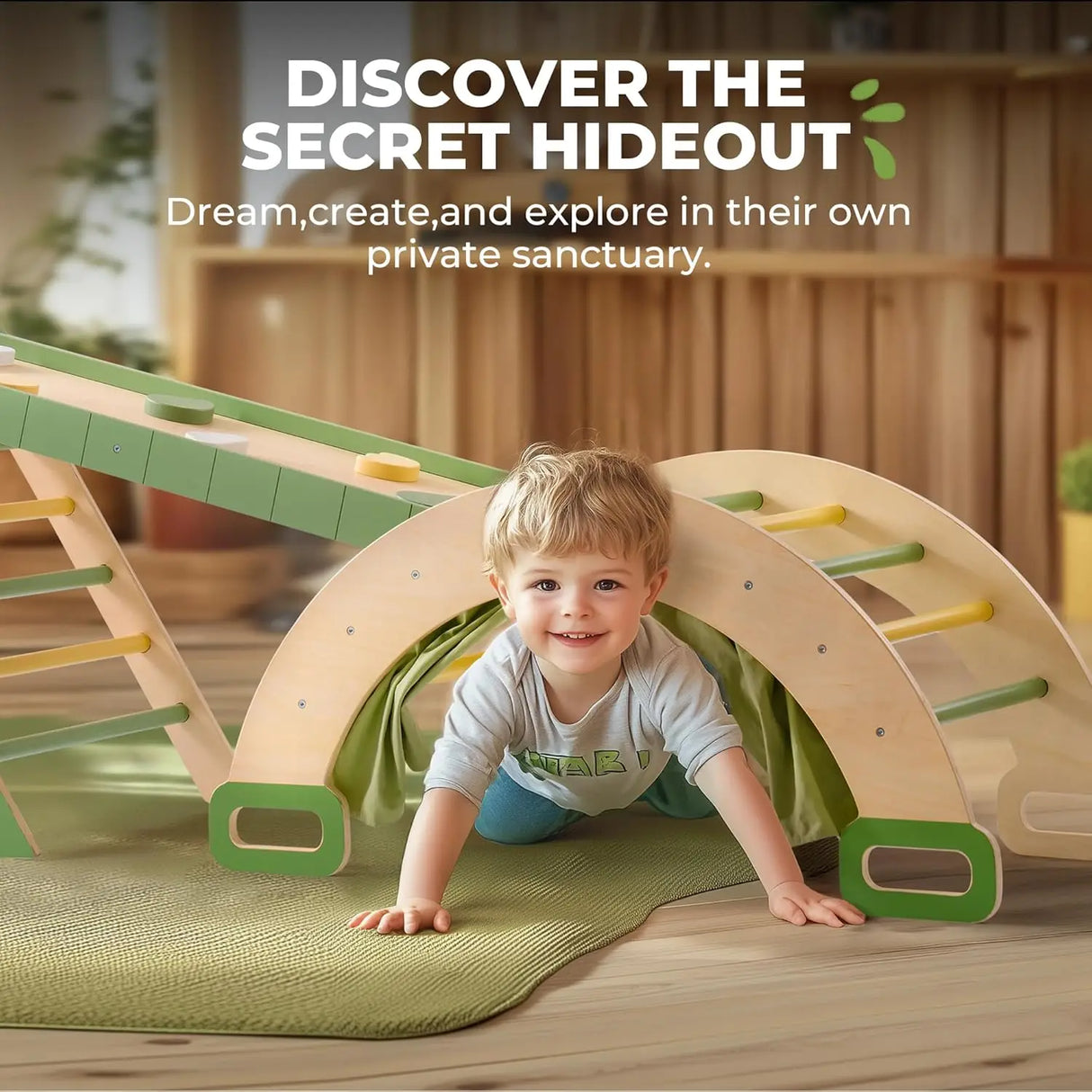 Child playing with a wooden playset on a wooden floor.