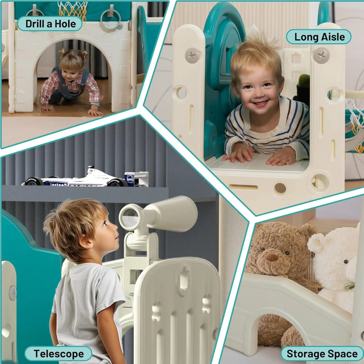 Collage of a child playing with a playset, highlighting features like drill a hole, long aisle, telescope, and storage space.