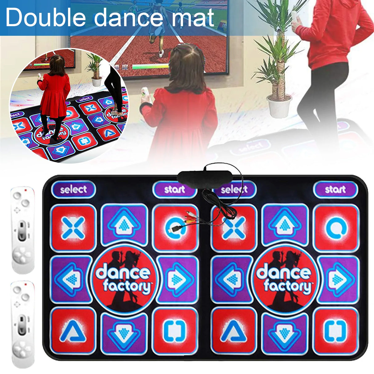 Double dance mat with control panel and buttons, featuring 'Dance Factory' branding, used for interactive dancing.