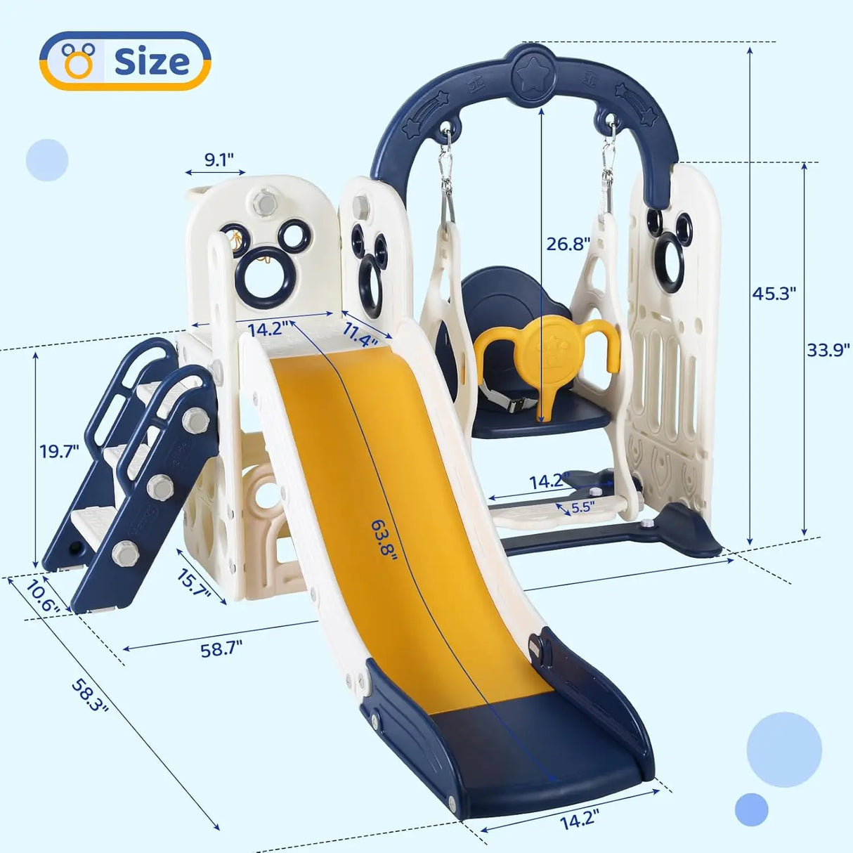 Children's swing set with measurements on a light blue background