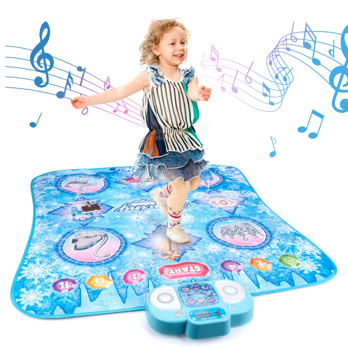 Child playing on a Frozen-themed dance mat with musical notes in the background