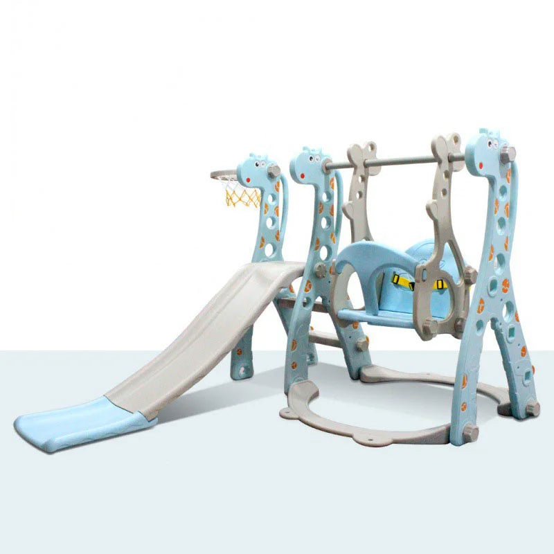 Children's playground equipment with slide and swing set on a white background