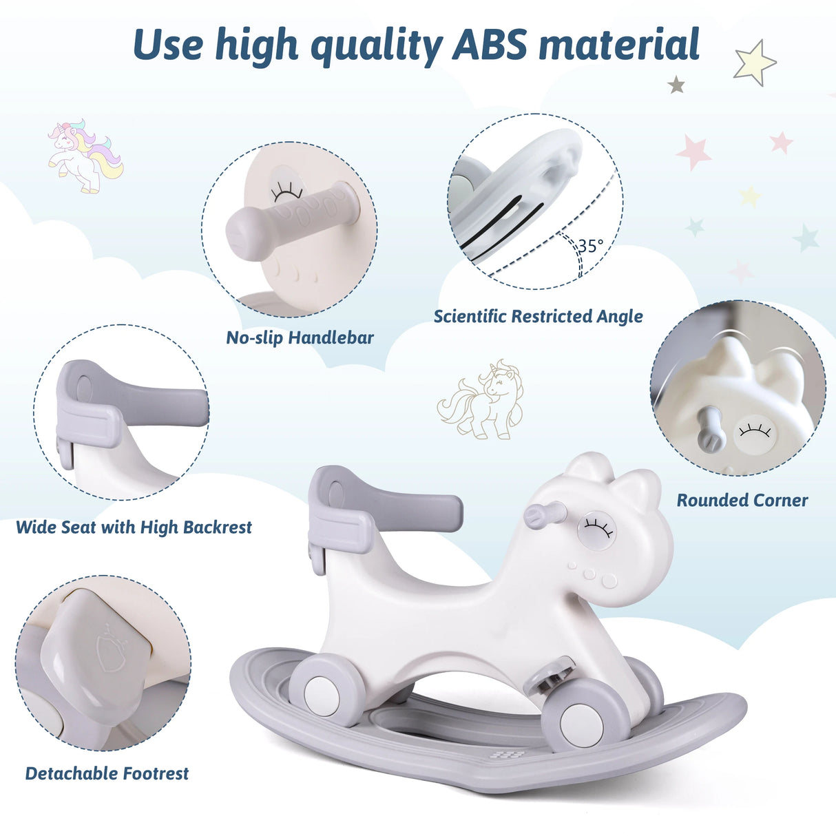 Children's rocking toy with features highlighted on a light blue background